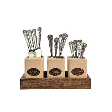 Knife, Fork & Spoon Ceramic Holder Set, With Mango Wood Tray