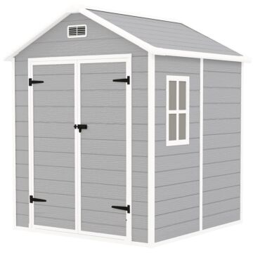 Outsunny 6 X 5ft Garden Shed, Plastic Shed With Floor, Window, Lockable Doors And Vents, Wood Effect Resin Tool Shed For Outdoor Patio, Light Grey