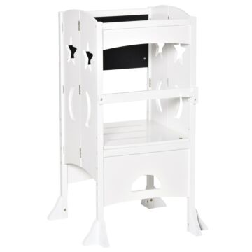 Homcom Kids Step Stool Toddler Kitchen Stool With Blackboard Lockable Handrail For Kids Kitchen Counter White