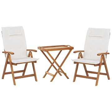 Garden Bistro Set Acacia Wood Table 2 Chairs With Off-white Cushions Uv Resistant Foldable Beliani