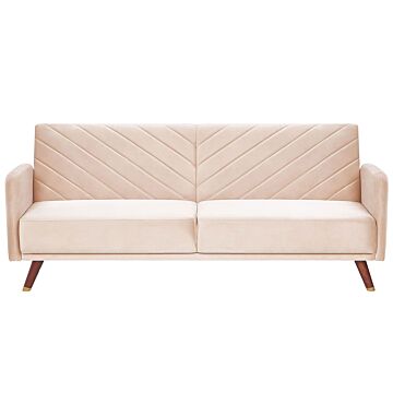 Sofa Bed Beige Velvet Fabric Retro Living Room 3 Seater Wooden Legs Track Arms Beliani