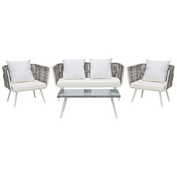 Garden Conversation Set White Pe Rattan Outdoor 4 Seater With Coffee Table Cushions Beliani