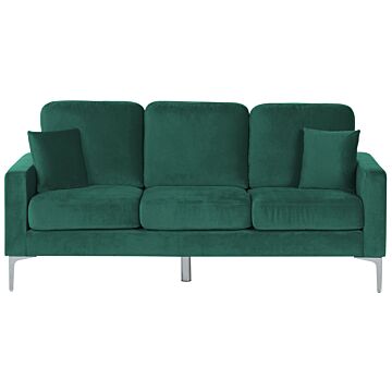 Sofa Green Velvet 3 Seater Cushioned Seat And Back Metal Legs With Throw Pillows Beliani