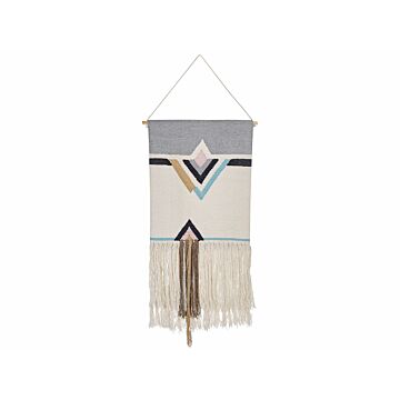 Wall Hanging Beige Cotton 46 X 116 Cm Handwoven With Tassels Geometric Pattern Wall Décor Boho Style Living Room Bedroom Beliani