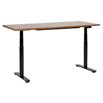 Electrically Adjustable Desk Dark Wood Tabletop Black Steel Frame 160 X 72 Cm Sit And Stand Round Feet Modern Design Beliani