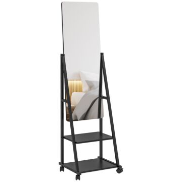 Homcom Free Standing Dressing Mirror, Rolling Full Length Mirror On Wheels With Adjustable Angle, Storage Shelves For Bedroom