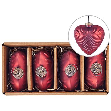 Set Of 4 Christmas Baubles Red Glass Hanging Heart Shaped Xmas Tree Balls Holiday Decor Beliani