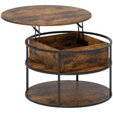 Homcom Lift Top Coffee Table, Round Coffee Table With Storage Shelf, Hidden Compartment And Steel Frame For Living Room, Home Office, Brown
