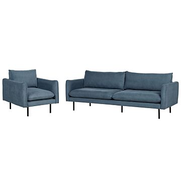 Living Room Set Blue Fabric Black Legs Corner Sofa 3 Seater Armchair Modern Retro Style Beliani