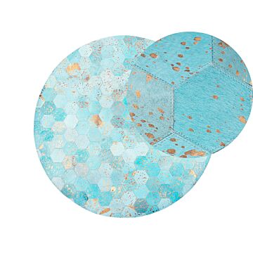 Rug Blue Leather 140 Cm Modern Patchwork Turquoise Honeycomb Patter Hand Woven Round Carpet Beliani