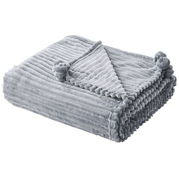 Blanket Grey Polyester 150 X 200 Cm Ribbed Structure With Pom-poms Throw Bedding Beliani