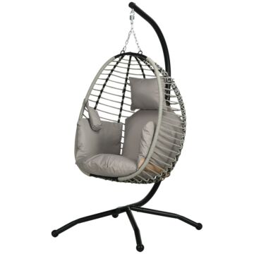 Outsunny Outdoor Swing Chair With Thick Padded Cushion, Patio Hanging Chair W/ Metal Stand, Foldable Basket, Cup Holder, Rope Structure