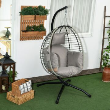 Outsunny Outdoor Swing Chair With Thick Padded Cushion, Patio Hanging Chair W/ Metal Stand, Foldable Basket, Cup Holder, Rope Structure