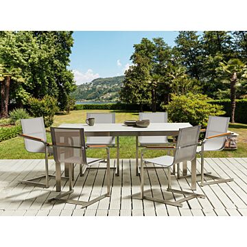 Garden Dining Set White Tabletop Glass Stainless Steel Frame Beige Set Of 6 Chairs Textilene Modern Outdoor Style Beliani