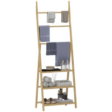 Homcom Three-shelf Bamboo Storage Unit, With Towel Racks - Natural Finish