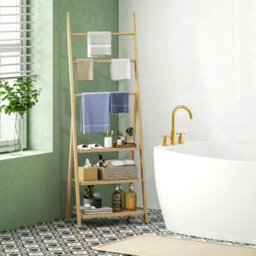 Homcom Three-shelf Bamboo Storage Unit, With Towel Racks - Natural Finish