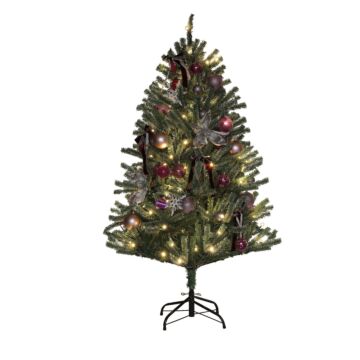 Homcom 5ft Artificial Prelit Christmas Tree With Warm White Led Lights And 486 Tips, Metal Stand, Xmas Tree With Purple Ornaments For Home Office Holiday | Aosom Uk