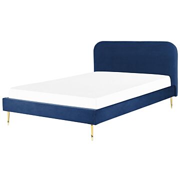 Bed Navy Blue Velvet Upholstery Eu Super King Size Golden Legs Headboard Slatted Frame 6 Ft Minimalist Design Beliani