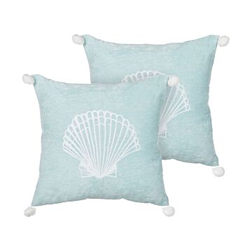 Set Of 2 Scatter Cushions Blue Velvet 45 X 45 Cm Marine Seashell Motif Square Polyester Filling Home Accessories Beliani