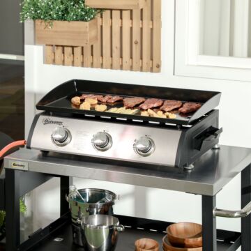 Outsunny 3 Burner Gas Plancha Bbq Grill With Lid, Black