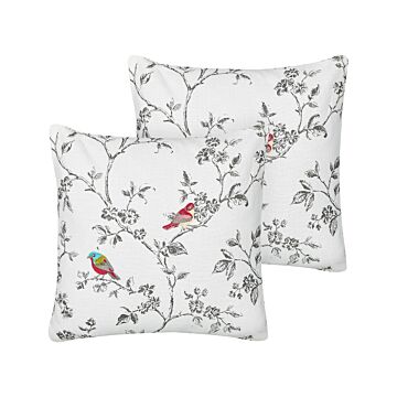 Set Of 2 Scatter Cushions White Cotton 45 X 45 Cm Throw Pillow Embroidered Birds Pattern Beliani