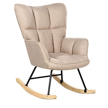 Rocking Chair Beige Polyester Fabric Upholstery Wooden Legs Skates Modern Biscuit Tufting