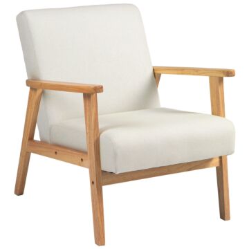 Homcom Fabric Accent Chair, Arm Chair With Rubber Wood Frame And Padded Cushion, Cream White