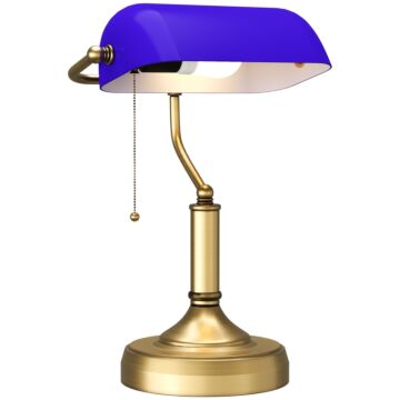 Homcom Banker's Desk Lamp With Antique Bronze Tone Base, Table Lamp With Blue Glass Shade For Home Office, Blue