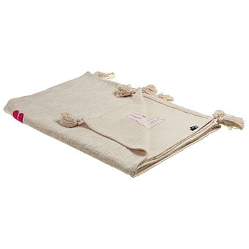 Blanket Beige And Pink Cotton 130 X 180 Cm Handmade Embrioidery Bed Throw Cosy Lama Pattern With Tassels Beliani