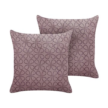 Set Of 2 Decorative Cushions Pink Velvet And Cotton 45 X 45 Cm Geometric Pattern Block Printed Boho Decor Accessories Beliani