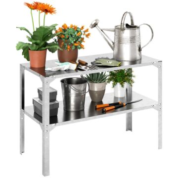 Outsunny 2 Tier Potting Bench Table, Galvanised Steel Garden Planting Work Bench Workstation With Storage Shelf For Outdoor, Patio, Greenhouse, 110 X 50 X 75 Cm, Silver Tone