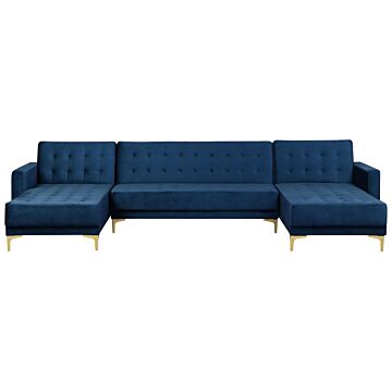 Corner Sofa Bed Navy Blue Velvet Tufted Fabric Modern U-shaped Modular 5 Seater With Chaise Lounges Beliani