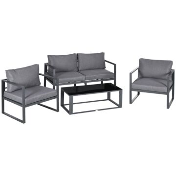 Outsunny 4 Pieces Garden Sofa Set 2 Single Armchair 1 Bench & Side Table Set Aluminium Frame Patio Furniture With Cushions Grey