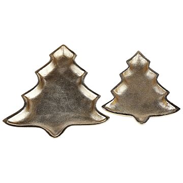 Trinket Dish Set Gold Metal 2 Jewellery Ring Holder Tray Chrismas Tree Motif Decor Beliani