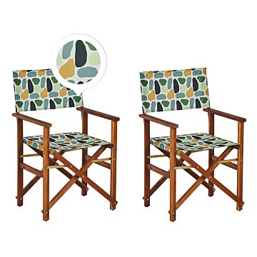 Set Of 2 Garden Director's Chairs Dark Wood With Off-white Acacia Geometric Pattern Replacement Fabric Folding Beliani