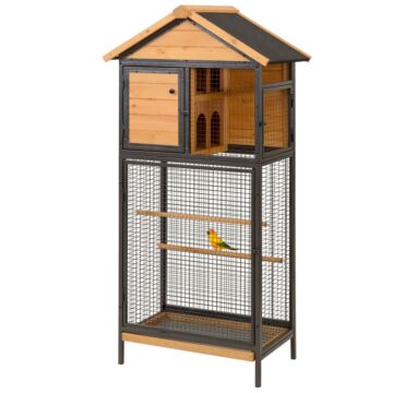 Pawhut Wood & Steel Bird Cage, With Standing Pole, Nest And Slide-out Tray - Natural Finish