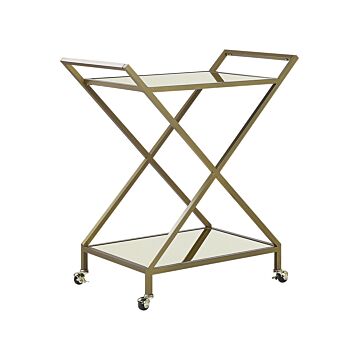 Kitchen Trolley Gold Metal Frame Mirrored Tops Glamour Bar Cart With Lockable Castors Beliani