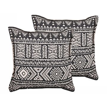 Set Of 2 Cushions Black And Beige Cotton Cover Pillow With Filling Square 45 X 45 Cm Boho Pattern Decoration Beliani