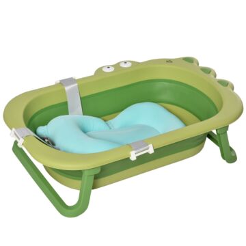 Homcom Baby Bath Tub For Toddler Kids Infant Ergonomic Foldable Secure Non-slip Portable With Baby Cushion For 0-3 Years Green