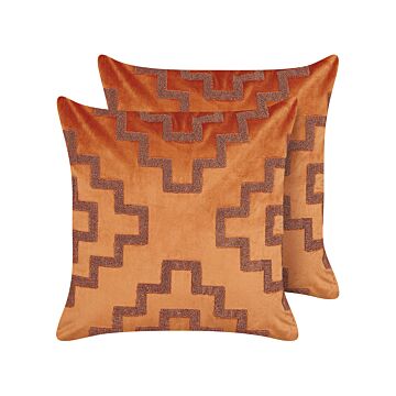 Set Of 2 Decorative Cushions Orange Velvet 45 X 45 Cm Geometric Pattern Glamour Decor Accessories Beliani