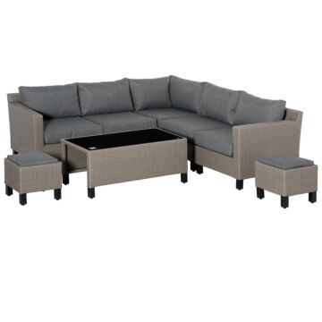 Outsunny 7-seater Pe Rattan Sofa Set Wicker Garden Furniture Patio Conservatory Corner Sofa, W/ Tempered Glass Coffee Table & Cushions, Grey