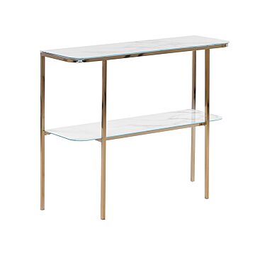Console Table White Gold Tempered Glass Steel 100 X 33 Cm Marble Effect Glam Modern Living Room Bedroom Hallway Beliani