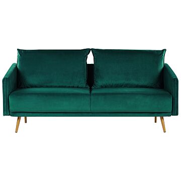 Sofa Emerald Green Velvet 3 Seater Back Cushioned Seat Metal Golden Legs Retro Glam Beliani