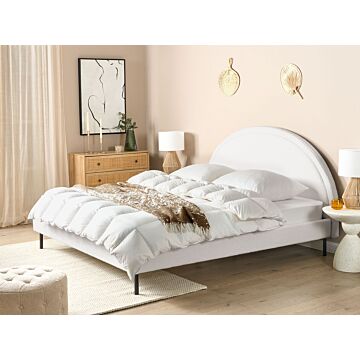 Bed White Boucle Polyester Fabric Eu King Size 6ft Slatted Base Half-round Headboard Minimalist Retro Design Bedroom Beliani
