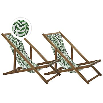 Set Of 2 Garden Deck Chairs Light Acacia Wood Frame Leaf Pattern Replacement Fabric Hammock Seat Reclining Folding Sun Lounger Beliani