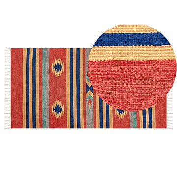 Kilim Area Rug Multicolour Cotton 80 X 150 Cm Handwoven Reversible Flat Weave Geometric Pattern With Tassels Traditional Boho Living Room Bedroom Beliani