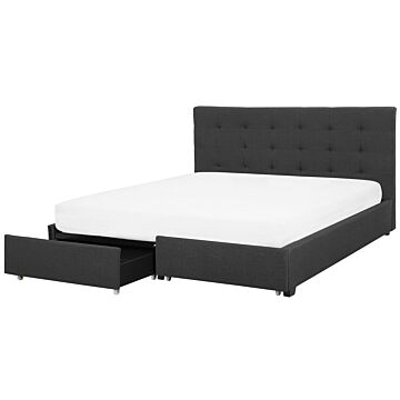 Eu Super King Size Bed Dark Grey Fabric 6ft Upholstered Frame Buttoned Headrest With Storage Drawers Beliani