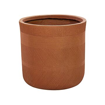 Plant Pot Golden Brown Fibre Clay ⌀ 40 Cm Round Outdoor Flower Pot Embossed Pattern Beliani