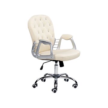Office Chair Beige Faux Leather Gas Lift Height Adjustable Crystal Button With Tufted Backrest And Full Swivel Beliani