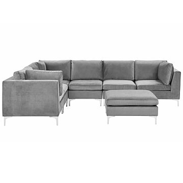 Right Hand Modular Corner Sofa Grey Velvet 6 Seater With Ottoman L-shaped Silver Metal Legs Glamour Style Beliani
